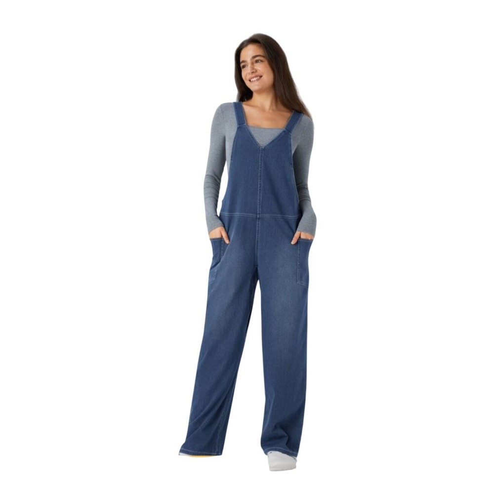 Halara Jumpsuit Womens XL Petite Wide Leg Frost Blue Denim Stretch NEW